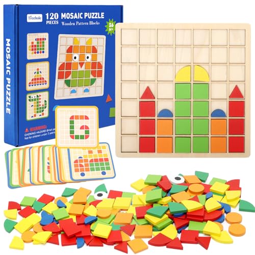 LOMUG Mosaik Holzpuzzle, 120 Stück Holz Kinder Puzzle,Kreative Hölz Muster Blöcke Set,Tangram Kinder,Konzentrationsspiele für Kinder ab 6,Montessori Spielzeug Lernspielzeug Geschenk für Mädchen Jungen von LOMUG