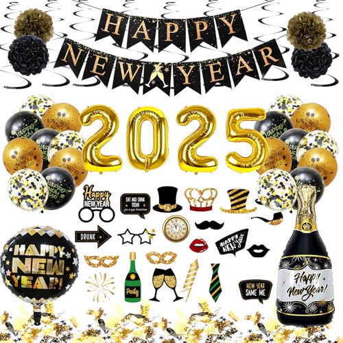 LOMUG Silvester Deko 2025, Schwarz Gold Neujahr Deko 2025 Happy New Year Banner, 2025 Folienballon Konfetti Luftballons, Glitzer Vorhänge, 2025 Foto Requisite Party Dekoration Set für Silvesterparty von LOMUG