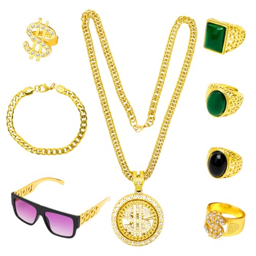 LOMUG Zuhälter Kostüm, 80er 90er Jahre Herren Hip Hop Outfit, Gangster Kostüm mit Goldkette, Sonnenbrille, Dollar Kette und Hanzi-Ringen, ideal für Karneval, Fasching und Mottopartys von LOMUG