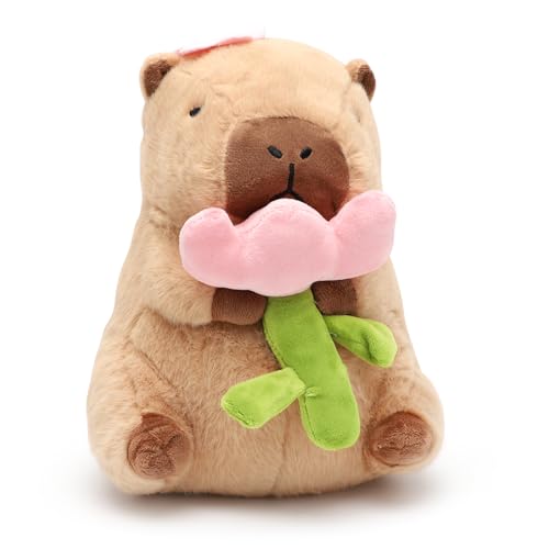 LOMUG capybara plüschtier, 30cm Niedliche Capybara Kuscheltier mit Rosen,realistische Plüschtiere,Simulation Tier Plüschpuppe,Simulation Capybara Kuscheltier Geschenk für Kinder Mädchen Heimdekoration von LOMUG