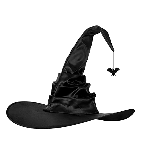 Halloween Hexenhut Erwachsene Zaubererhut mit Schläger Anhänger Cosplay Masquerade Mottoparty Magier Hut Kopfbedeckung Schwarz Plissee Spitzhut Halloween Karneval Fasching Zauberer Hut Kostüm Zubehör von LONTG