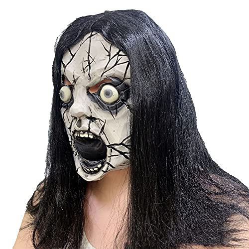 Halloween-Maske Geist Gesichtsabdeckung mit Schwarz Haar Cosplay Maskerade Party Horror Geistermaske Halloween Fasching Karneval Böse Gesichtsbedeckung Damen Herren Grausig Kopfabdeckung Kostüm Prop von LONTG