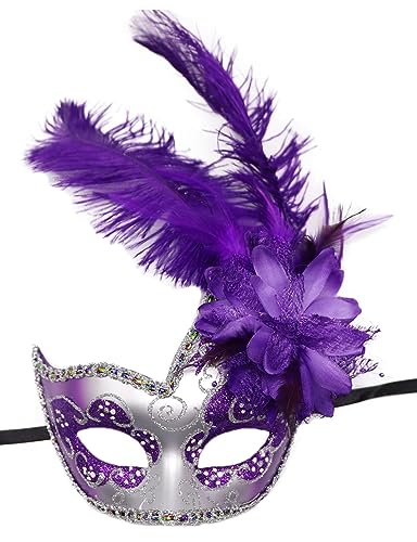 Venezianische Augenmaske mit Feder Damen Gesichtsmaske Glitzernde Maskerademaske Feder Blumen Partymaske Karnevalsmaske Halloween Karneval Cosplay Mottoparty Maskenball Federmaske Kostüm Zubehör von LONTG