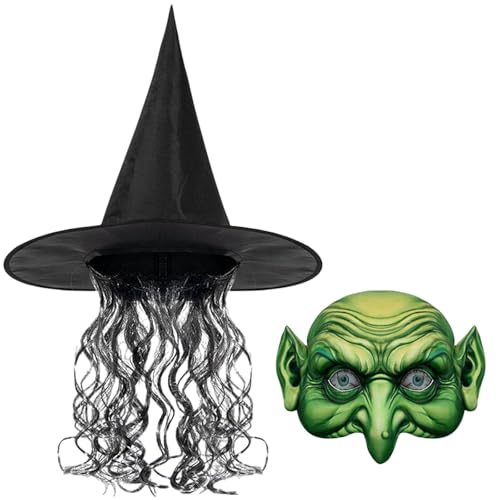 LOOPES 2tlg Alte Hexe Masken Halloween Hexenkostüm Damen Grüne Hexenhut mit Haar Hexenmaske Halloween Gruselig Horror Mask Set Hexenkostüm Zubehör Damen für Halloween Cosplay Karneval Fasching von LOOPES