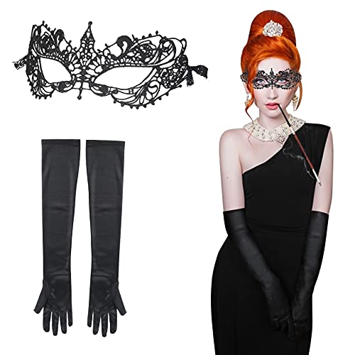 LOOPES 2tlg Venezianische Maske Damen Spitzenmaske Spitze Augenmaske Gothic Lace Gesichtsmaske Schwarz Halloween Masken mit Spitzenhandschuhe für Maskerade Maskenball Karneval Fasching Frauen von LOOPES