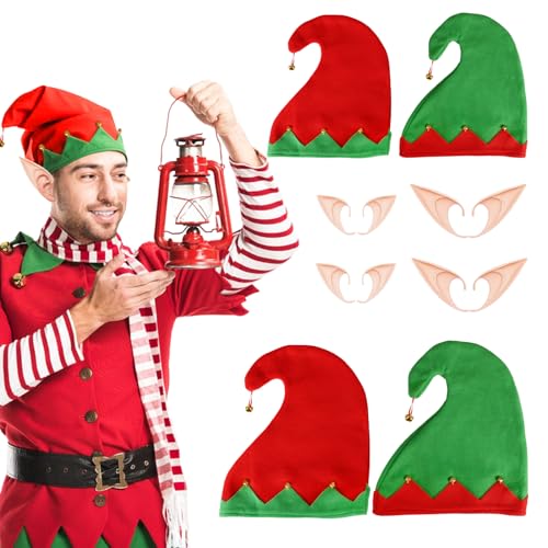 LOOPES 4 Set Weihnachtselfen Hut Weihnachtselfenhut Kinder Elfenmützen Wichtelmütze Weihnachten Elfe Mütze mit Elfenohren Weihnachtself Kostüm Set für Kinder Erwachsene Weihnachten Karneval Party von LOOPES