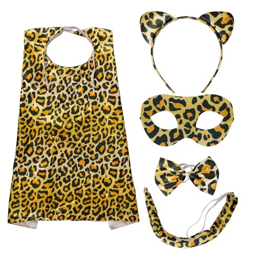 LOOPES 4 Stück Leoparden Kostüm Kinder Leopardenohren Haarreif Leopard Umhang Schwanz Fliege Halloween Tierkostüm Leoparden Cosplay Set für Karneval Fasching Geburtstag Party Halloween Zubehör von LOOPES