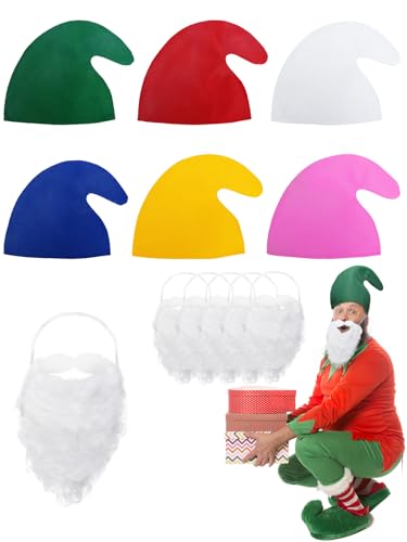 LOOPES 6 Stück Zwergenmütze Kostüm Bunte Wichtelmütze mit Bart Zwerg Kostüm Lustig Elfenmütze Kostüm Zubehör Elfen Hut Zwerg Weihnachtsmütze für Erwachsene Kinder Weihnachten Karneval Party Accessoire von LOOPES