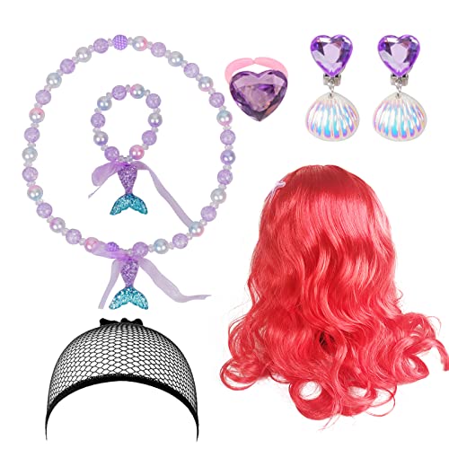 LOOPES 7tlg Meerjungfrau Kostüm Set Meerjungfrau Perücke Rote Kinderperücke Prinzessin Perücke Mermaid Accessoire Mädchen mit Perückekappe für Karneval Fasching Mottoparty Cosplay Halloween von LOOPES