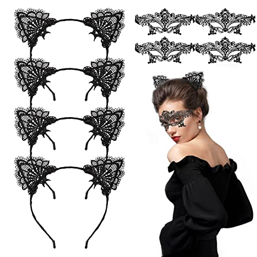 LOOPES 8tlg Katzenohren Haarreif Spitze Katzen Haarreifen Katzenkostüm Damen Catwoman Stirnband Set mit Lace Venezianische Maske für Halloween Karneval Fasching Maskerade Masquerade Kostüm Frauen von LOOPES