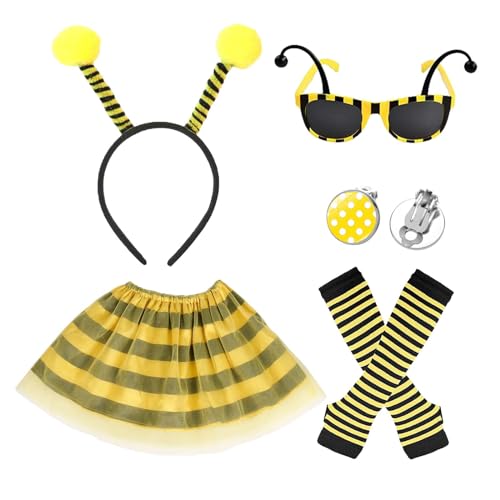 LOOPES Bienen Kostüm Set Kinder Bienenkostüm Cosplay Mädchen Karneval Kostüm FaschingKostüm Bienen Gestreifte Tutu Rock Haarreif Bienen Brille Ärmeln Ohrringe Mädchen für Karneval Halloween Party von LOOPES