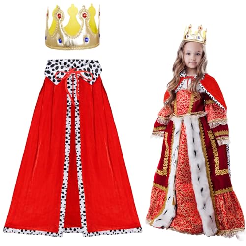 LOOPES König Umhang Rot Kinder Halloween König Königin Cosplay Ritter Kostüm Rot Königsmantel mit König Krone Prinz Kostüm Halloween Samtmantel für Karneval Prinzenparty Mottoparty von LOOPES