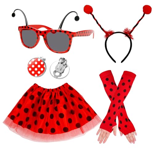 LOOPES Ladybug Kostüm Mädchen Marienkäfer Kostüm Kinder Ladybug Tutu Rock Haarreif Brille Ärmeln Ohrringe Marienkäfer Cosplay Mädchen Halloween Kostüm Set für Karneval Halloween Fasching Cosplay Party von LOOPES