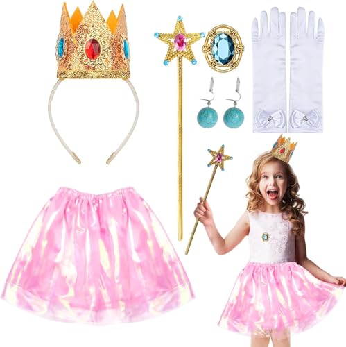 LOOPES Prinzessin Peach Kostüm Mädchen, 6 Stück Rosa Prinzessin Kostüm Set Prinzessin Krone Mädchen Kinder Peach Prinzessin Cosplay Kostüm für Halloween Cosplay Karneval Kinder Geburtstagsparty von LOOPES