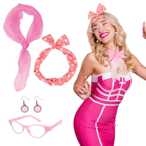 LOPOTIN 4TLG 50er Jahre Accessoires Damen Barbie Kostüm Rockabilly Accessoires Halloween Kostüm Damen mit Chiffon Schal Katzen Auge Brille Damenkostüm Kleidung für Vintage Karneval Motoparty Cosplay von LOPOTIN