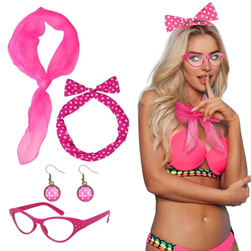 LOPOTIN 4TLG Barbie Kostüm Damen 50er Jahre Accessoires Rockabilly Accessoires Halloween Kostüm Damen mit Chiffon Schal Katzen Auge Brille Kleidung für Vintage Karneval Motoparty Cosplay von LOPOTIN