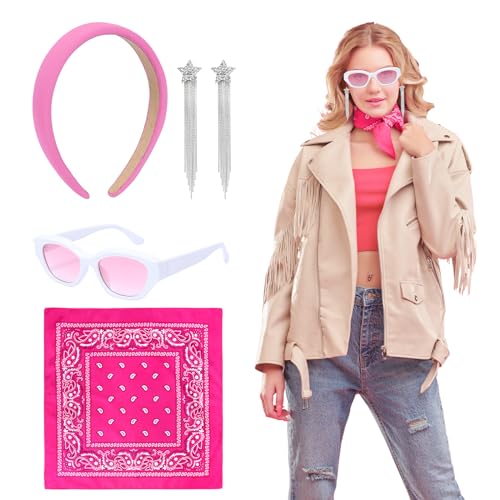 LOPOTIN 4TLG Barbie Kostüm Damen Rockabilly Accessoires Damen 50er Jahre Accessoires Barbie Outfit Accessoires Halloween Kostüm Damen mit Schal Katzen Brille Rosa Cowgirl Kostüm Damen von LOPOTIN