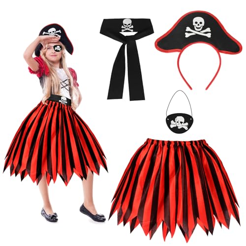 LOPOTIN 4TLG Piratenkostüm Mädchen Piratenhut Piratenkostüm Kinder mit Pirat Tutu Rock Haarreife Augenklappe Pirate Girls Piratenrock Seeräuber Kostüm für Halloween Karneval Geburtstag Cosplay von LOPOTIN