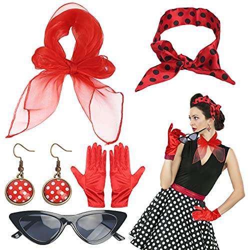 LOPOTIN 5TLG Rockabilly Accessoires 50er Jahre Damen Kleid Zubehör 1950s Kostüm Set mit Chiffon Schal Polka Dot Stirnband Katzen Auge Brille Rot 60er Jahre Kleidung für Motoparty Retro Teily Party von LOPOTIN