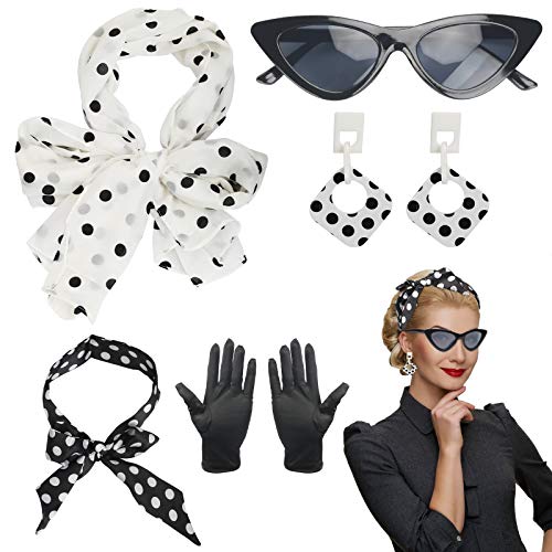 LOPOTIN 5TLG Rockabilly Accessoires Damen 50er Jahre Kleid Zubehör 60er Jahre Kleidung Set mit Chiffon Schal Polka Dot Stirnband Katzen Auge Brille Schwarz 1950s Kostüm für Motoparty Retro Teily Party von LOPOTIN