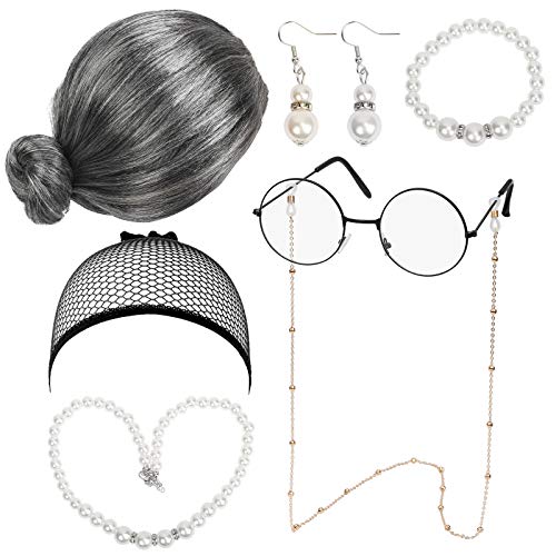 LOPOTIN 7TLG Oma Perücke Kostüm Accessoire Set Oma Brille mit Perlen Armband Perlenkette Cosplay Zubehör Granny Kostümzubehör Großmutter Verkleidung für Fasching Karneval Halloween Damen Mädchen von LOPOTIN