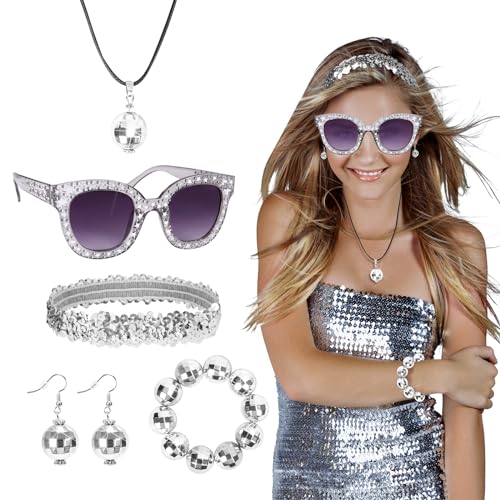 LOPOTIN 5TLG 70er Jahre Outfit Damen Disco Outfit Damen Abba Kostüm Damen 80er jahre Accessoires Hippie Accessoires Bekleidung Haarband Sonnenbrille für 1980s 1970s 60er Halloween Karneval Fasching von LOPOTIN