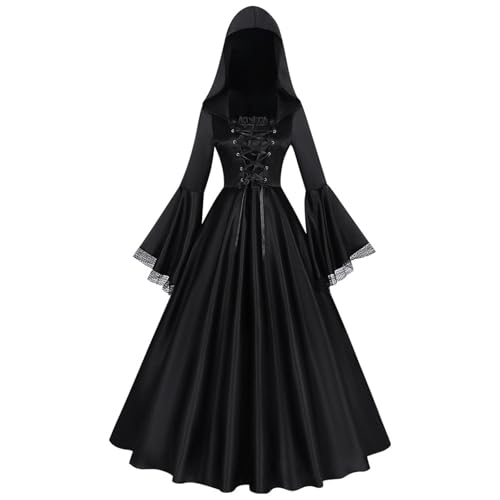 Gothic Hoodie Damen Schnürkleid - Vintage Mittelalter Kleider mit Kapuze Renaissance Schwarz Hexenkleid Cosplay Freizeitkleid Halloween Karneval Outfit Club Party Outfite Vampir Maxikleid Gothic Hoodie Damen Schnürkleid - Vintage Mittelalter Kleider mit Kapuze Renaissance Schwarz Hexenkleid Cosplay Freizeitkleid Halloween Karneval Outfit Club Party Outfite Vampir Maxikleid von LOSSLO