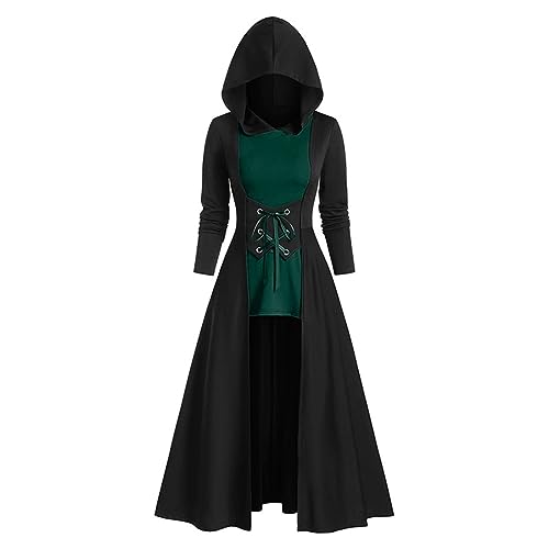 Gothic Kleidung Damen, Schnürkleid Damen mit Kapuze Damen Langarm Halloween Kostüm Damen Vintage Mittelalter Kleidung Gebunden Taille Kleid Mode Maxikleider Renaissance Kleider Festlich Abendkleider von LOSSLO