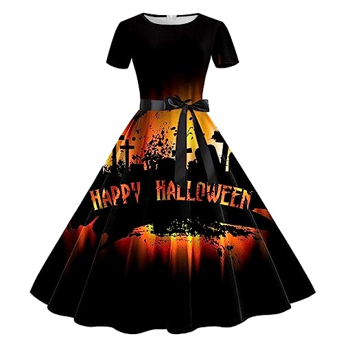 Halloween Kleid Damen, Lang Swing Kleider Cocktailkleider Kurze Ärmel Elegant Halloween Kostüm Lustiger Kürbis Dresses Fledermaus Drucken Mode Partykleid Formell Festival Ballkleid Halloween-kostüm von LOSSLO