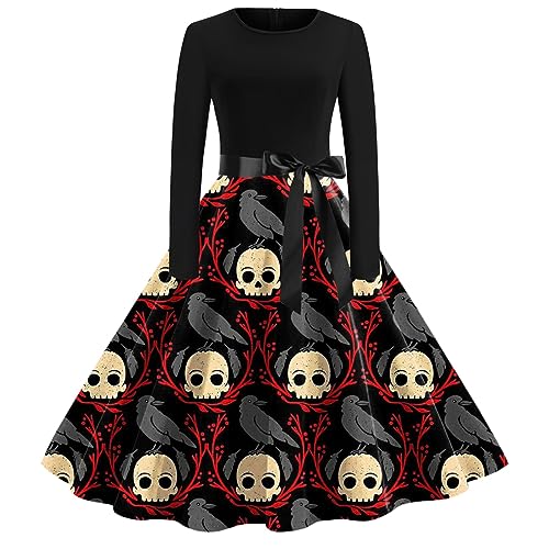 Halloween Kleid Damen, Lang Swing Kleider Cocktailkleider Langarm Elegant Halloween Kostüm Fledermaus Drucken Mode Partykleid Ghost Aufdruck Dresses Formell Festival Ballkleid Halloween-kostüm von LOSSLO