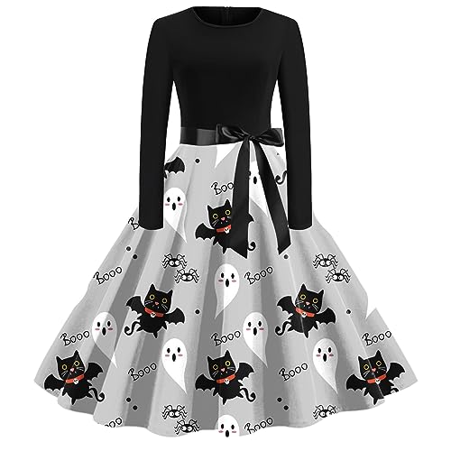 Halloween Kleid Damen, Lang Swing Kleider Cocktailkleider Langarm Elegant Halloween Kostüm Fledermaus Drucken Mode Partykleid Ghost Aufdruck Dresses Formell Festival Ballkleid Halloween-kostüm von LOSSLO