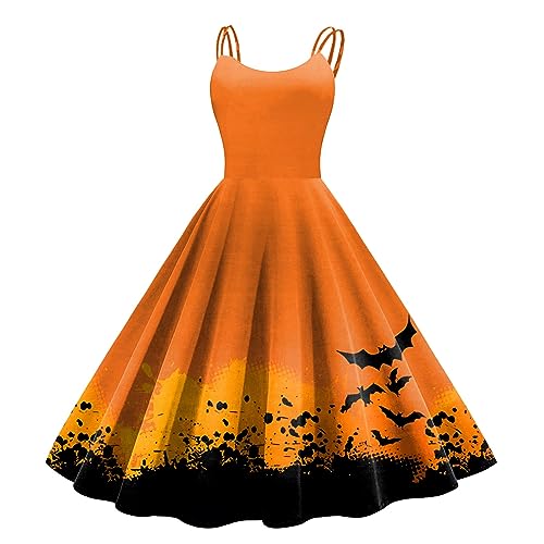 Halloween Kleid Damen, Lang Swing Kleider Cocktailkleider Ohne Ärmel Elegant Halloween Kostüm Fledermaus Drucken Mode Trägerkleid Mondschloss Dresses Formell Festival Ballkleid Halloween-kostüm von LOSSLO