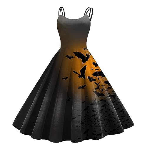 Halloween Kleid Damen, Lang Swing Kleider Cocktailkleider Ohne Ärmel Elegant Halloween Kostüm Fledermaus Drucken Mode Trägerkleid Mondschloss Dresses Formell Festival Ballkleid Halloween-kostüm von LOSSLO