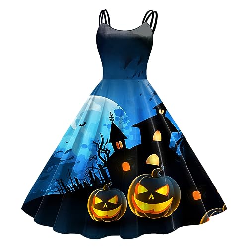 Halloween Kleid Damen, Lang Swing Kleider Cocktailkleider Ohne Ärmel Elegant Halloween Kostüm Lustiger Kürbis Mondschloss Fledermaus Drucken Mode Partykleid Dresses Festival Ballkleid Halloween-kostüm von LOSSLO