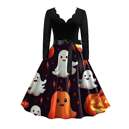 Halloween Kleid Damen, Lang Swing Kleider Damen,Cocktailkleider Damen Langarm Elegant Halloween Kostüm Gruseliger Kürbis Drucken Mode Partykleid Dresses Formell Festival Ballkleid Halloween-kostüm von LOSSLO