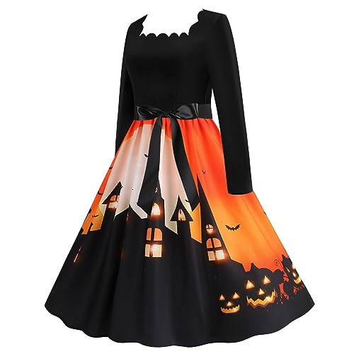 Halloween Kleid Damen, Lang Swing Kleider Damen mit Gürtel,Cocktailkleider Damen Langarm Elegant Halloween Kostüm Fledermaus Drucken Mode Partykleid Dresses Formell Festival Ballkleid Halloween-kostüm von LOSSLO