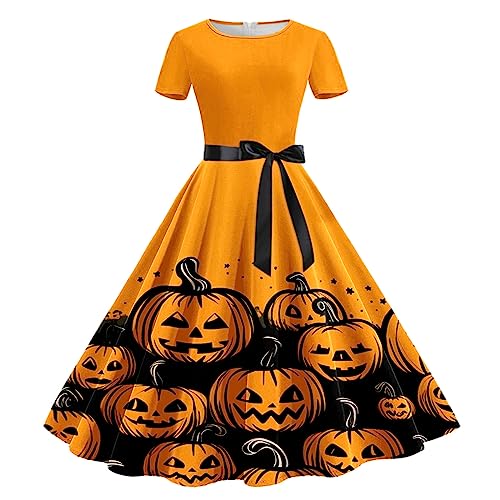 Halloween Kleid Damen, Lang Swing Kleider mit Gürtel Cocktailkleider Kurze Ärmel Elegant Halloween Kostüm Gruseliger Kürbis Fledermaus Drucken Mode Partykleid Dresses Festival Halloween-kostüm von LOSSLO