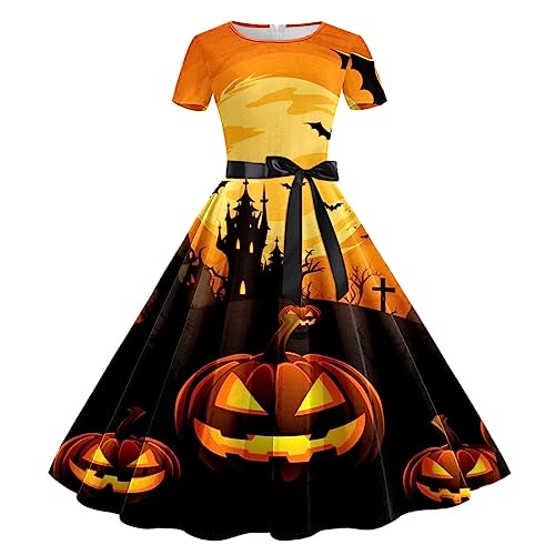 Halloween Kleid Damen, Lang Swing Kleider mit Gürtel Cocktailkleider Kurze Ärmel Elegant Halloween Kostüm Gruseliger Kürbis Fledermaus Drucken Mode Partykleid Dresses Festival Halloween-kostüm von LOSSLO