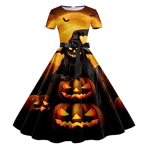 Halloween Kleid Damen, Lang Swing Kleider mit Gürtel Cocktailkleider Kurze Ärmel Elegant Halloween Kostüm Gruseliger Kürbis Fledermaus Drucken Mode Partykleid Dresses Festival Halloween-kostüm von LOSSLO