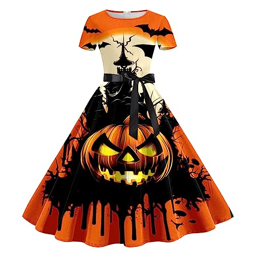 Halloween Kleid Damen, Lang Swing Kleider mit Gürtel Cocktailkleider Kurze Ärmel Elegant Halloween Kostüm Gruseliger Kürbis Fledermaus Drucken Mode Partykleid Dresses Festival Halloween-kostüm von LOSSLO