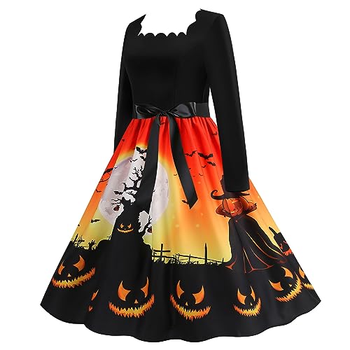 Halloween Kleid Damen, Lang Swing Kleider mit Gürtel Cocktailkleider Langarm Elegant Halloween Kostüm Lustiger Kürbis Fledermaus Drucken Mode Partykleid Dresses Festival Ballkleid Halloween-kostüm von LOSSLO