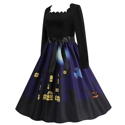 Halloween Kleid Damen, Lang Swing Kleider mit Gürtel Cocktailkleider Langarm Elegant Halloween Kostüm Lustiger Kürbis Fledermaus Drucken Mode Partykleid Dresses Festival Ballkleid Halloween-kostüm von LOSSLO