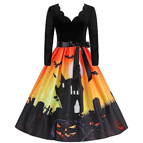 Halloween Kleid Damen, Lang Swing Kleider mit Gürtel Cocktailkleider Langarm Elegant Halloween Kostüm Lustiger Kürbis Fledermaus Drucken Mode Partykleid Dresses Festival Ballkleid Halloween-kostüm von LOSSLO