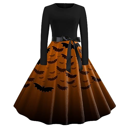 Halloween Kleid Damen, Lang Swing Kleider mit Gürtel Cocktailkleider Langarm Elegant Halloween Kostüm Spinnen Fledermaus Drucken Mode Partykleid Dresses Formell Festival Ballkleid Halloween-kostüm von LOSSLO