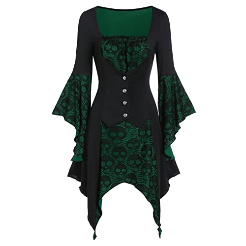 Halloween Kostüm Damen, Gothic Kleidung mit Button Down Renaissance Kleider Damen Fledermausärmel Vintage Mittelalter Kleid Mode Schädel Drucken Midikleid Frauen Festlich Cosplay Halloween-kostüm von LOSSLO