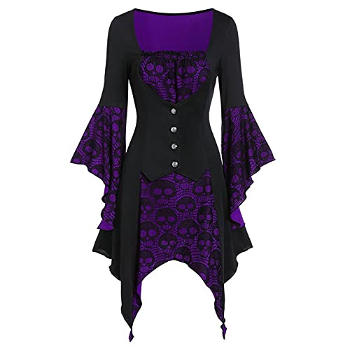 Halloween Kostüm Damen, Gothic Kleidung mit Button Down Renaissance Kleider Damen Fledermausärmel Vintage Mittelalter Kleid Mode Schädel Drucken Midikleid Frauen Festlich Cosplay Halloween-kostüm von LOSSLO