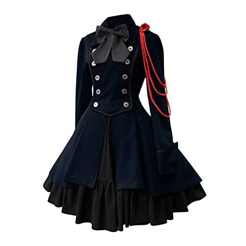 LOSSLO Gothic Kleidung Damen Elegant, Mittelalter Kleid Damen A-Linie,Cocktailkleid Damen Hohe Taille Rüschen Swing Petticoat Vintage Renaissance Kleider Steampunk Halloween Kostüm Halloween-kostüm von LOSSLO