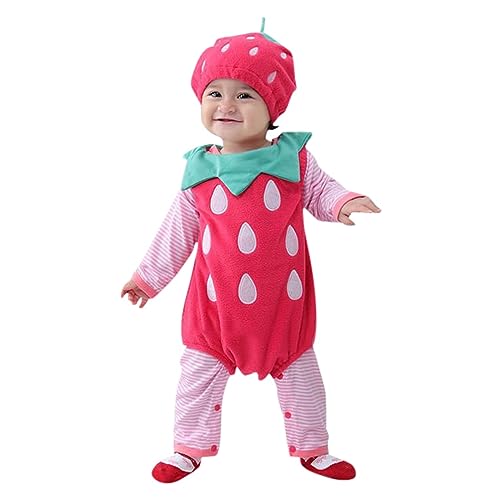 LOSSLO Halloween Baby Cosplay Erdbeere Kostüm, Mädchen Kinder Erdbeere Kostüm Einteiler Set mit Mütze Kinder Niedlich Halloween Kleidung für Festival Cosplay Party von LOSSLO