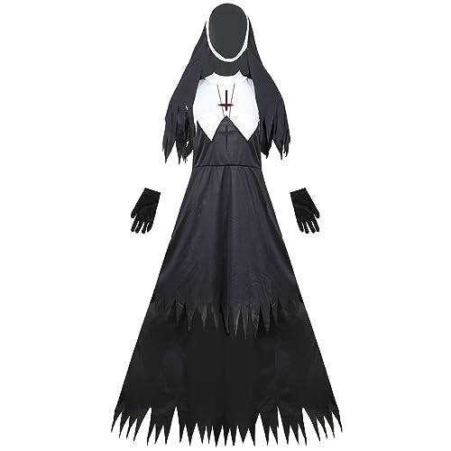 LOSSLO Halloween Kostüm Damen, Horror Nonne Kleidung inkl.Handschuhe Halsketten Hüte Gothic Kleid Geisterbraut Kleider Ausführen Friedhofsbraut Outfit Cosplay für Karneval Party von LOSSLO