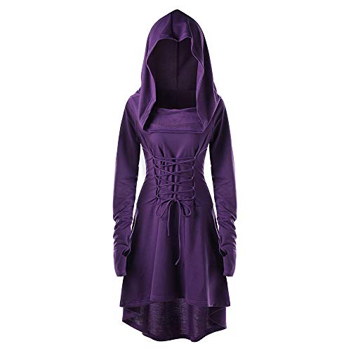 LOSSLO Halloween Kostüm Damen, Schnürkleid mit Kapuze Damen Langarm Gothic Kleidung Vintage Mittelalter Gebunden Taille Kleid Maxikleider Renaissance Kleider Frauen Festlich Cosplay Halloween-kostüm von LOSSLO